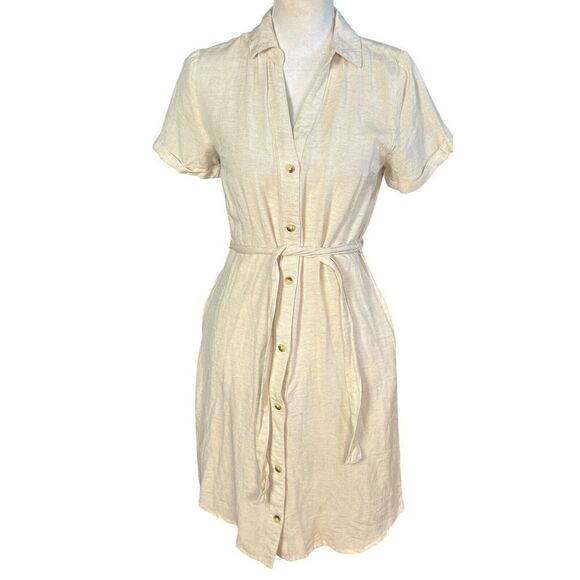Japna Shirt Dress Size Small Tan Pockets Tie Waist Classic Minimalist Neutral - Picture 6 of 9